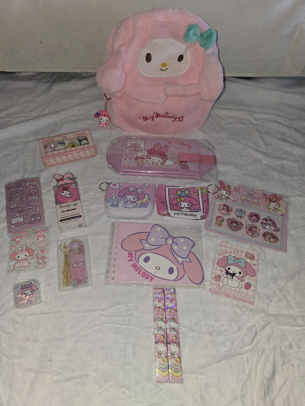Sanrio My Melody 20 Piece Bundle: Plush Backpack Blind Box Pens Stickers